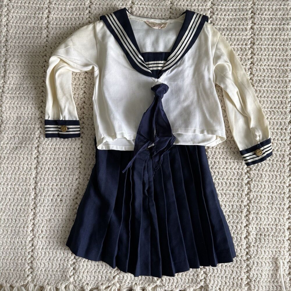 Vintage Fleetwood 50s Sailor Dress Kids 3 Box Pleats Made In Taiwan Navy Blue